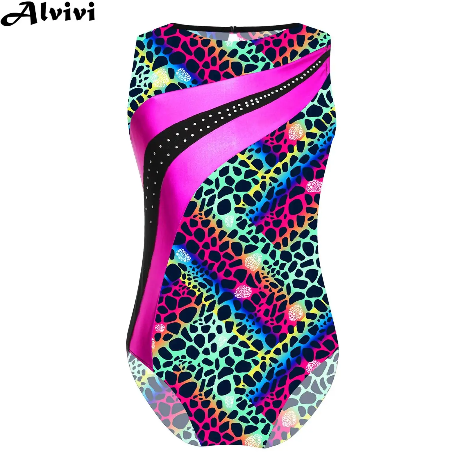 4-14Y Girls Sleeveless Print Gymnastic Ballet Dance Leotard Skating Yoga Sports Bodysuit Swimming Jumpsuit Dancewear Swimsuit