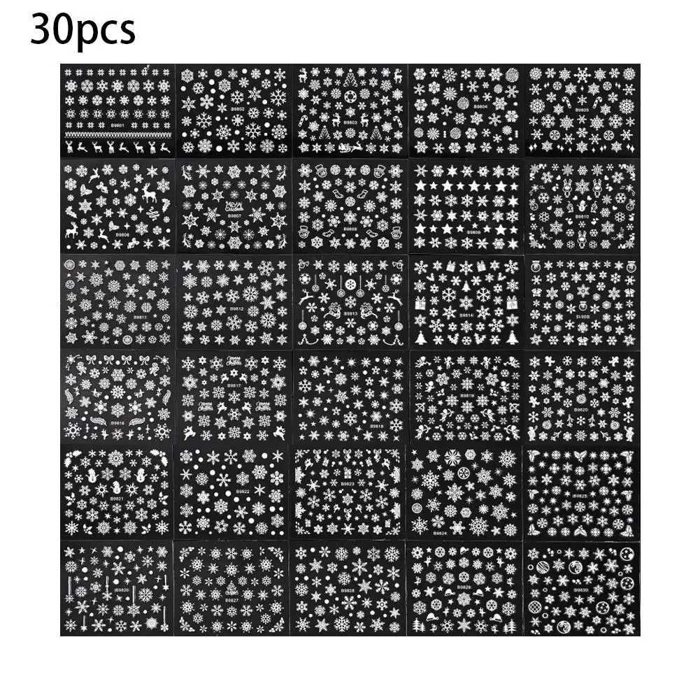 30 hojas de pegatinas navideñas 3D para decoración de uñas, calcomanías, suministros para decoración de uñas para mujeres y s, muñeco de nieve autoadhesivo con copos de nieve de dibujos animados