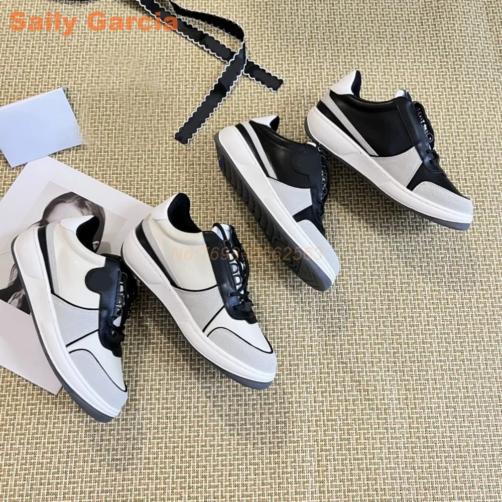 Mixed Color Splicing Sports Shoes Lace-up 2024 Spring Flats White Black Women Men Shoes Neutral Street Fashion Luxury Sneakers