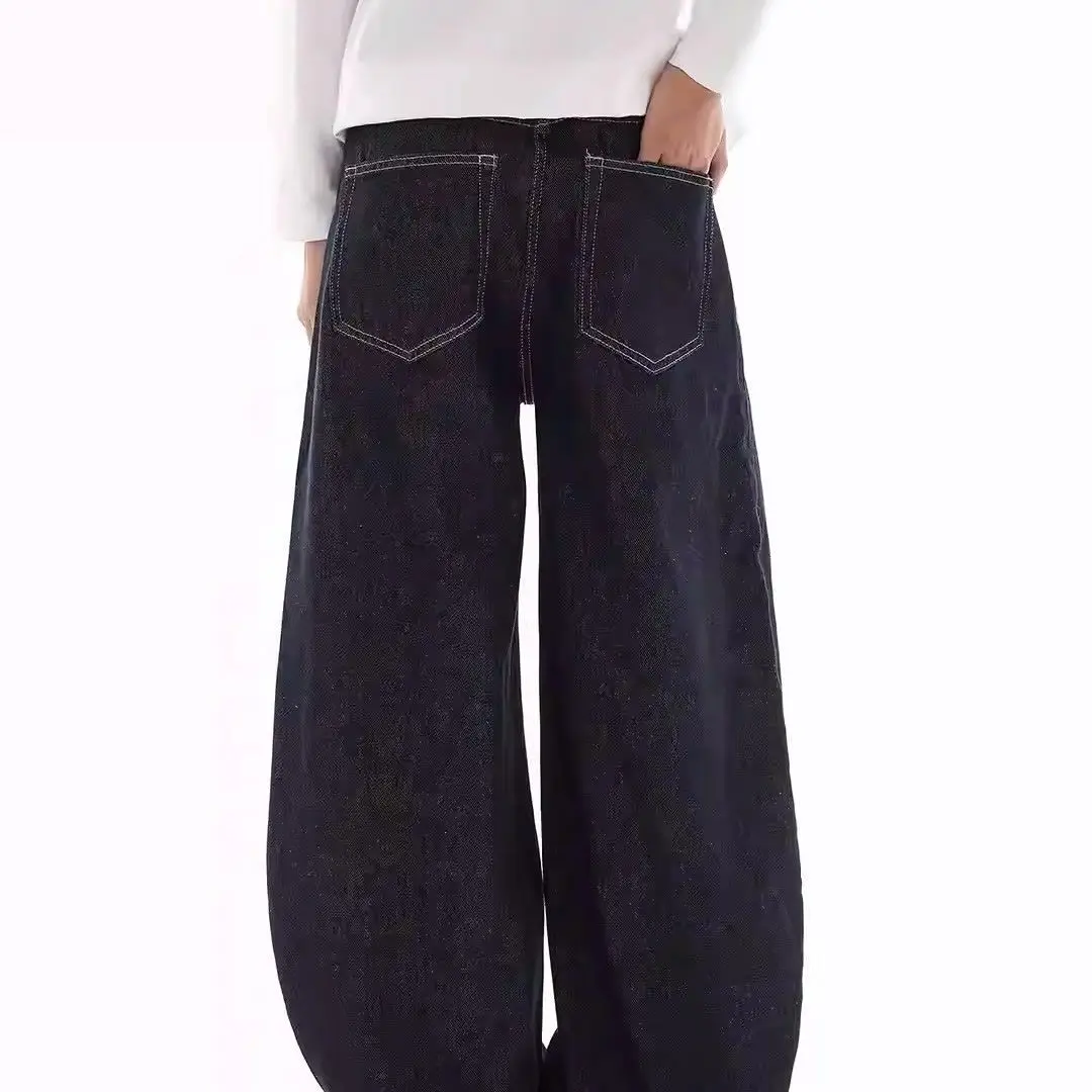 المرأة الأمريكية الرجعية شارع العليا بسيط الأزرق الجينز 2025 الخريف فضفاض واسعة الساق الدنيم السراويل الشارع الشهير عارضة السراويل الفضفاضة