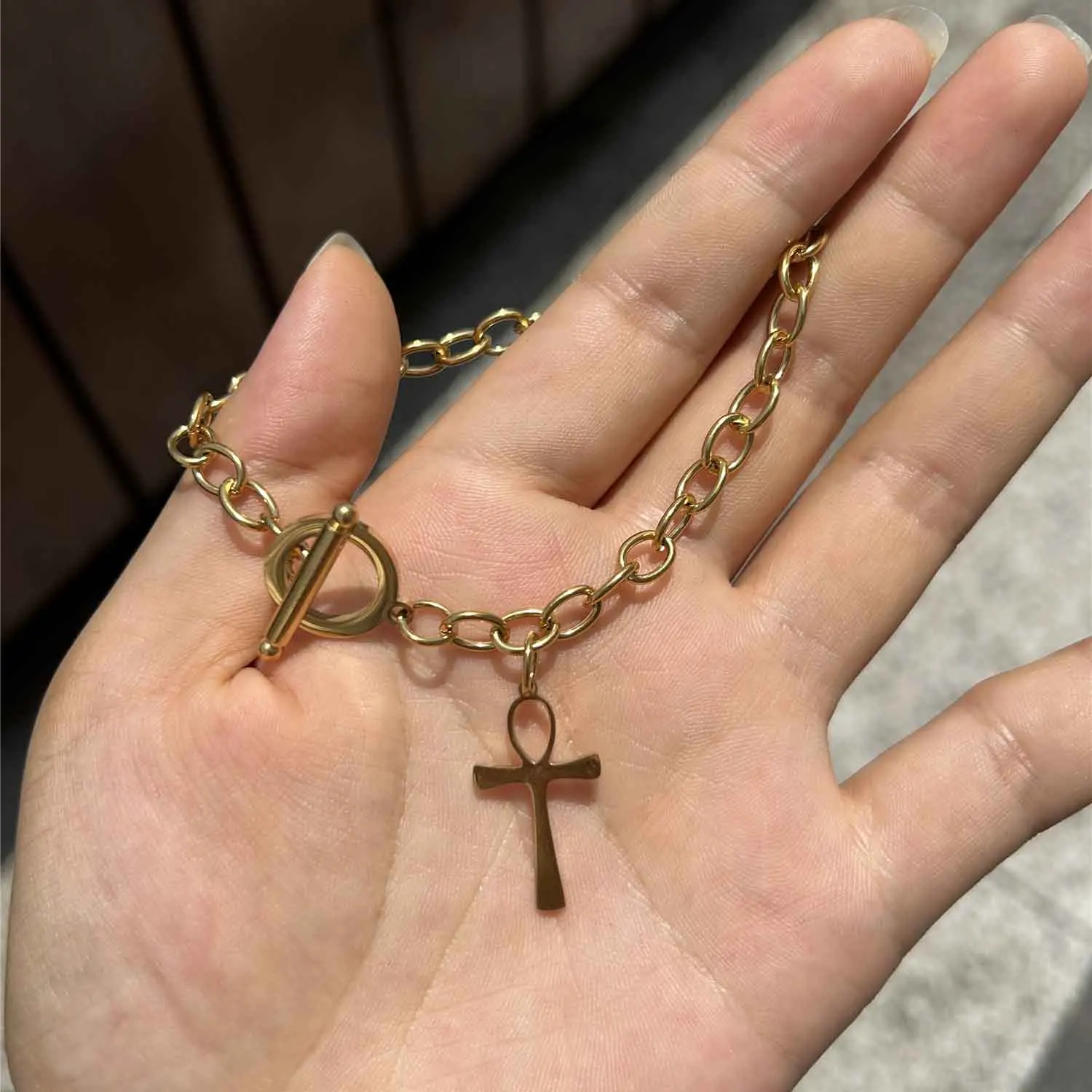 Stainless Steel Chain Ankh Charm Bracelet For Women Men Cross OT Buckle Toggle Bracelet Egyptian Jewelry