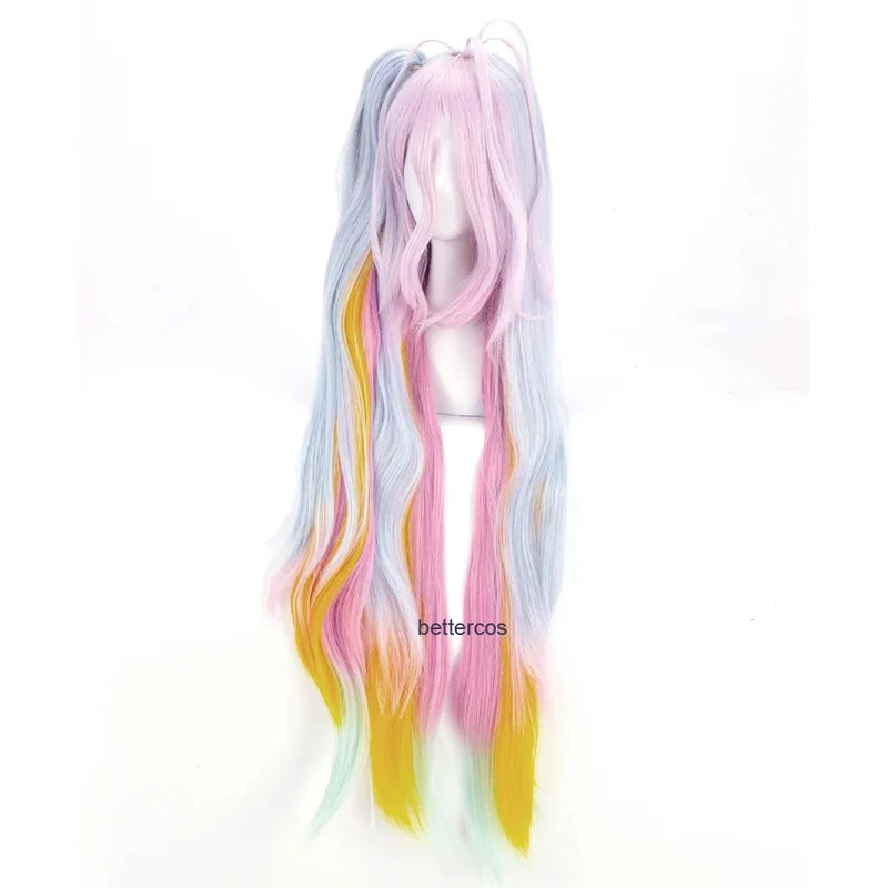 No Game No Life Shiro Cosplay Wigs Blue Pink Yellow Mix 120cm Long Wavy Heat Resistant Synthetic Hair Wig   Wig Cap