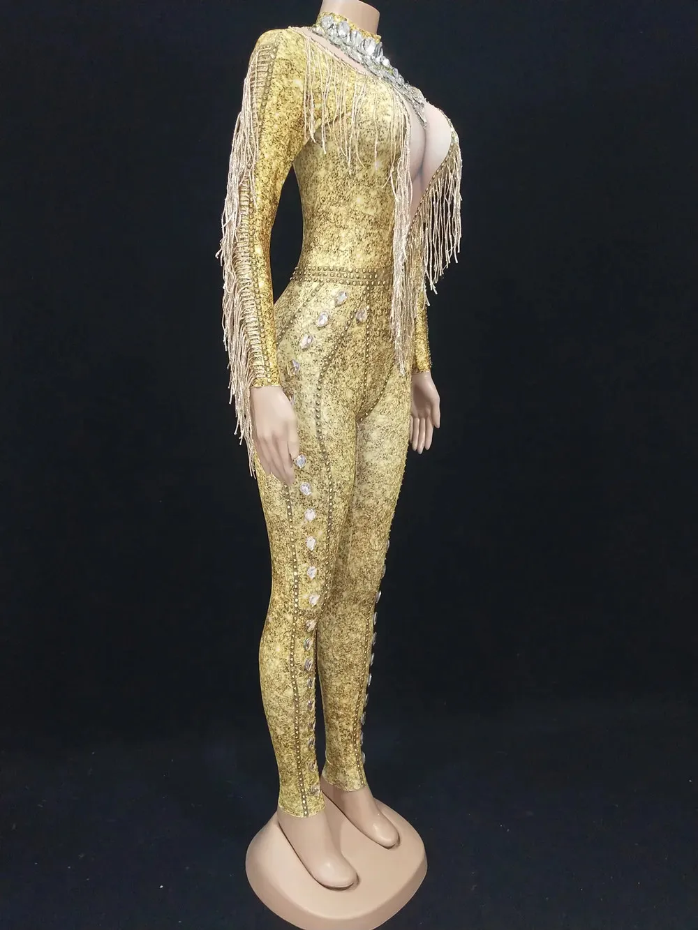 الذهب الراين شرابة طويلة الأكمام بذلة للنساء ضيق يوتار أداء الرقص زي المغني صورة عرض المرحلة ارتداء