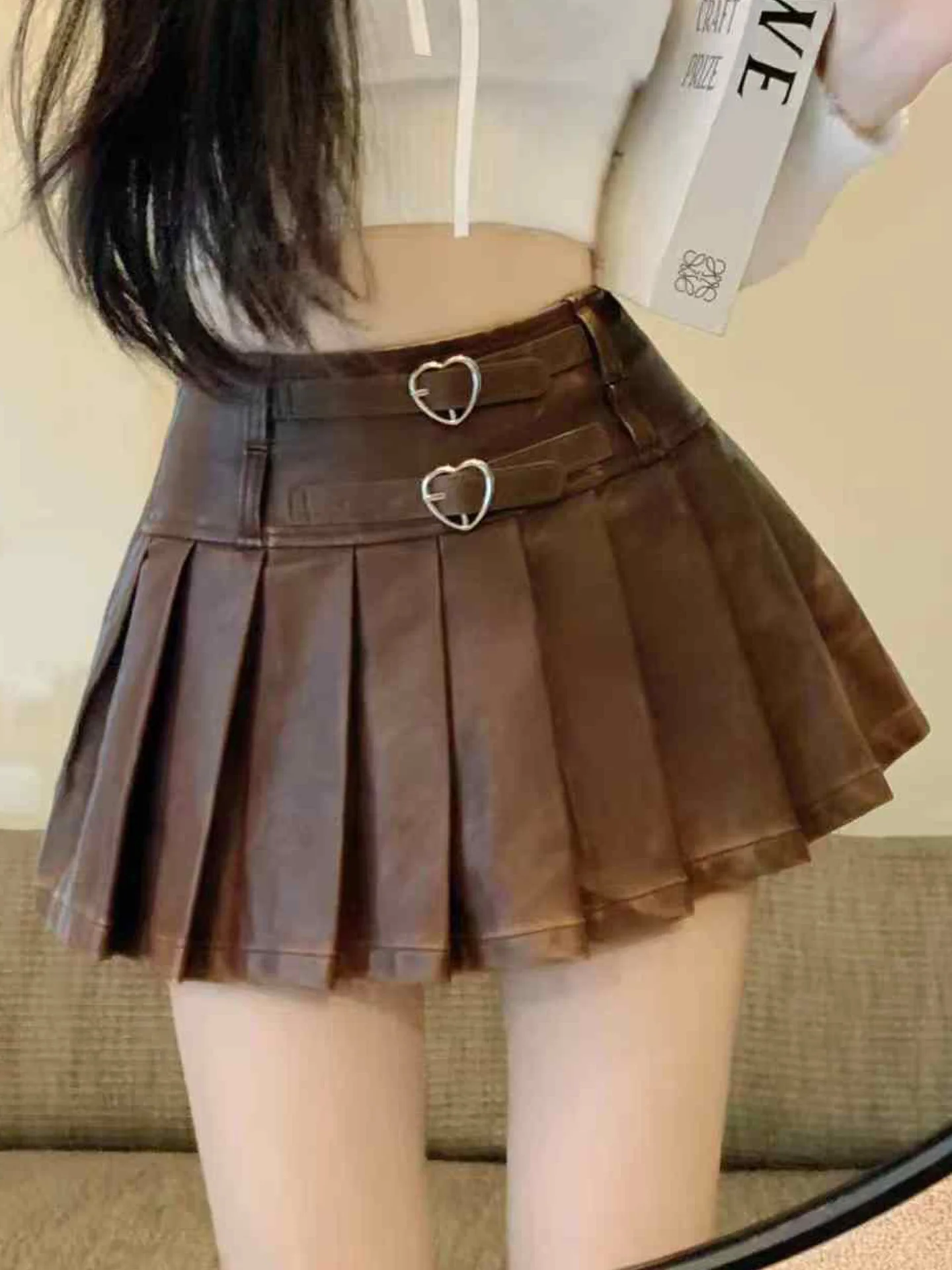 

Американская женская юбка А-силуэта из искусственной кожи с высокой талией, милая и элегантная, средней длины, двухцветная, плиссированная, для женщин