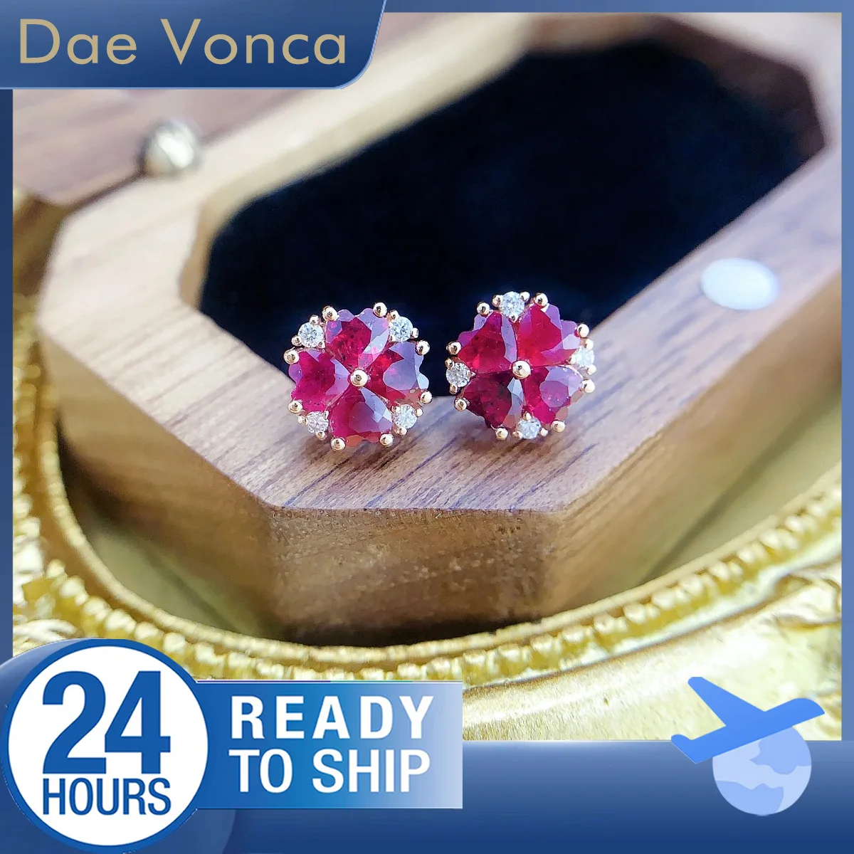 18K Rose Gold Ruby Diamond Earrings Four Leaf Shaped Natural Ruby and Diamond Earrings Heart Ruby Round Diamond Stud Earrings