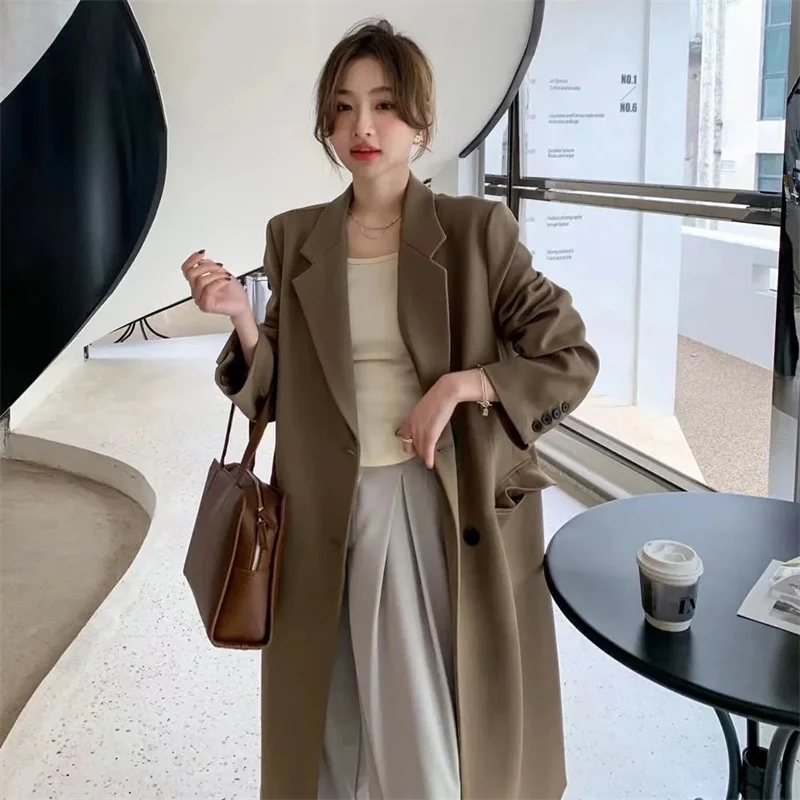 2023 Autumn/Winter Korean Fashion Versatile Long Suit Coat Women's Casual Suit Loose Slim Temperament Over Knee Windbreaker Coat