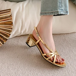 Summer Sandals Retro Ladies Closed  Toe Shoes Spring Vintage Roman Gladiator Shoes Narrow Band Silver Gold Women Sandals