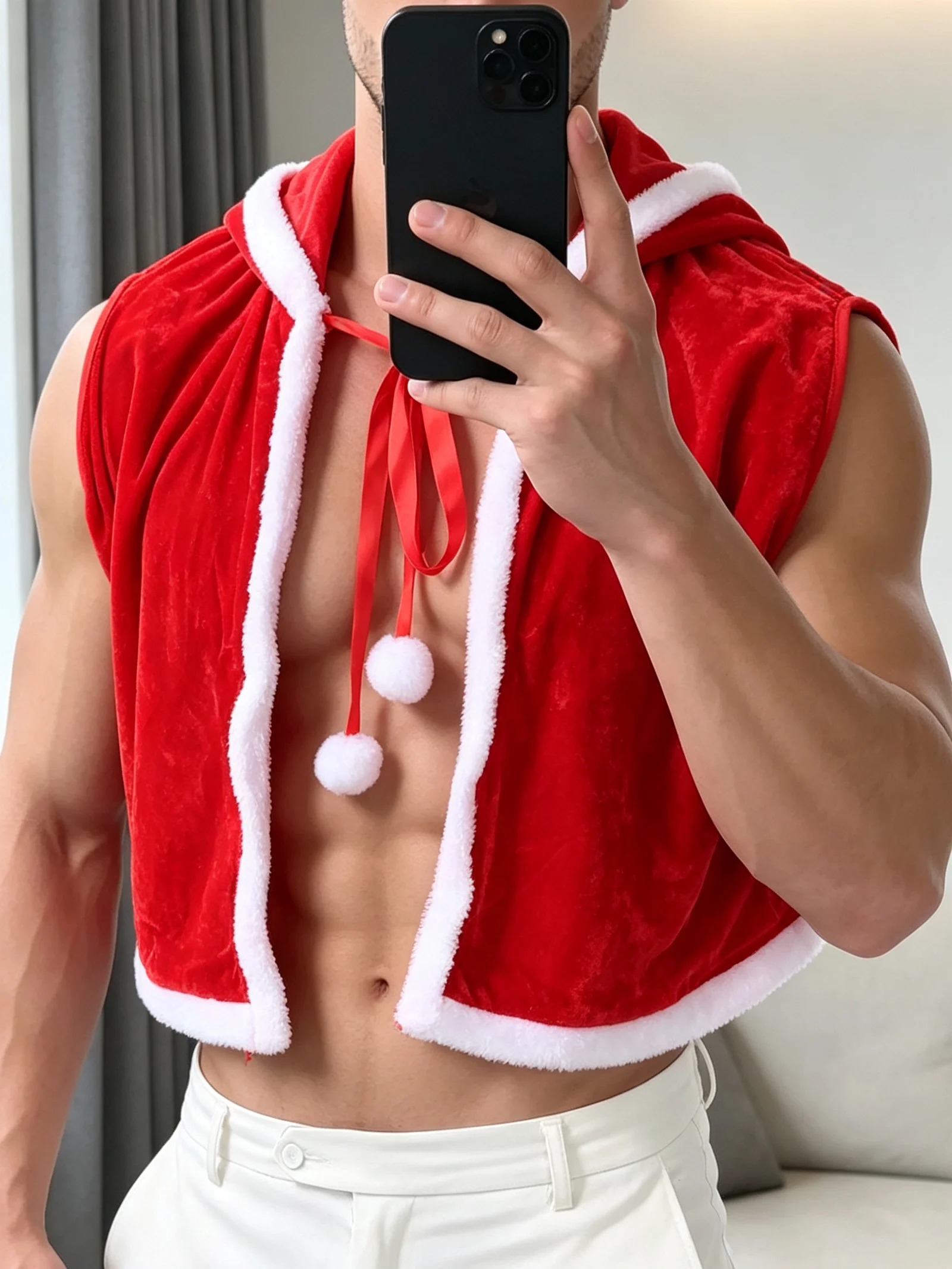 Sexy Weihnachtsoutfit, 2-teiliges Set, kurzer Kapuzenmantel, Weihnachtsmann-Mantel, Mütze, Herren-Cosplay, Samt, Weihnachtsfeier, Rollenspiel-Kostüm – Detail 8