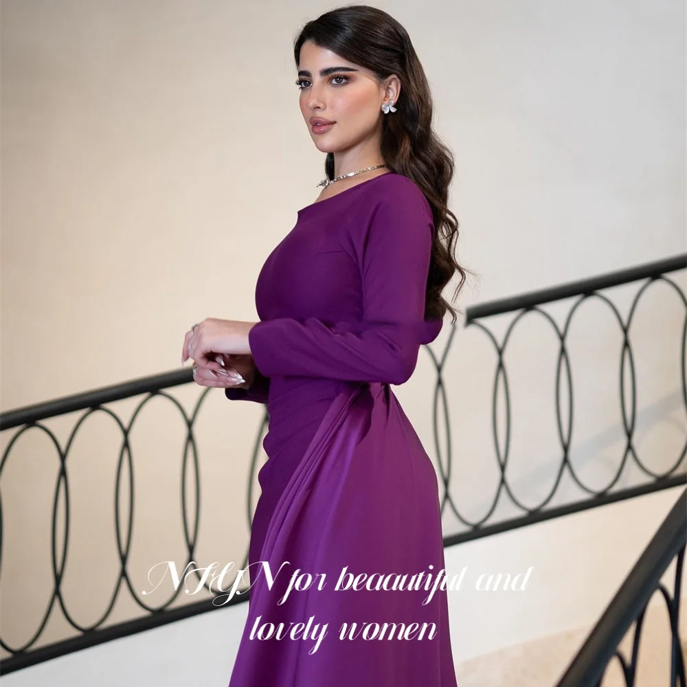 NFYN Purple O-Neck Party Dresses for Party Pleats Formal Dresses Trumpet Stain Ruched Formal Gown Long Evening Dress Customized