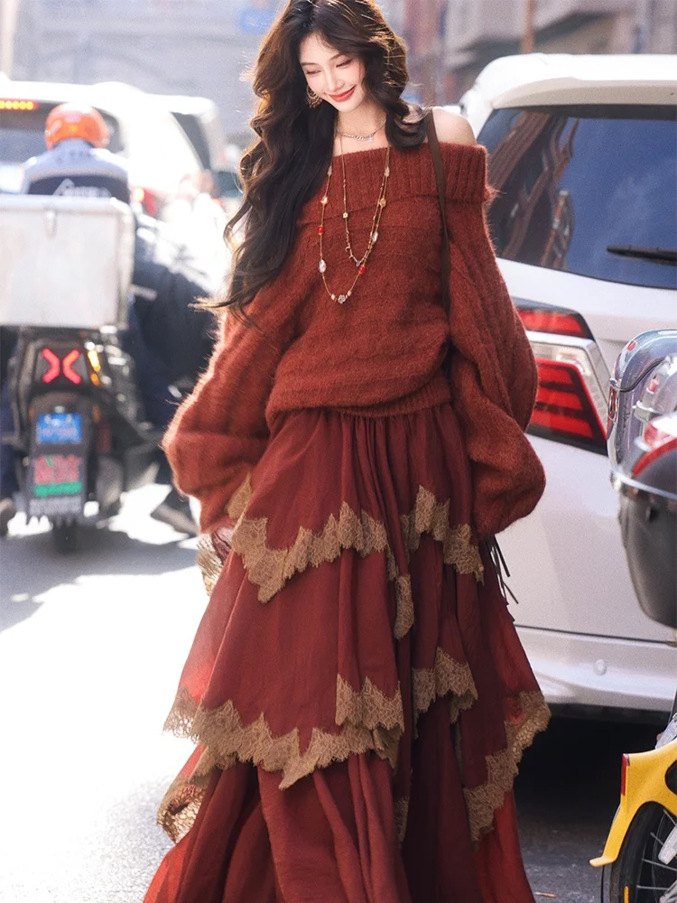 

Ретро-свитер с рукавами «летучая мышь», шерстяной топ с высоким воротом, юбка с цветными блоками, сексуальный винтажный женский трикотаж с открытыми плечами