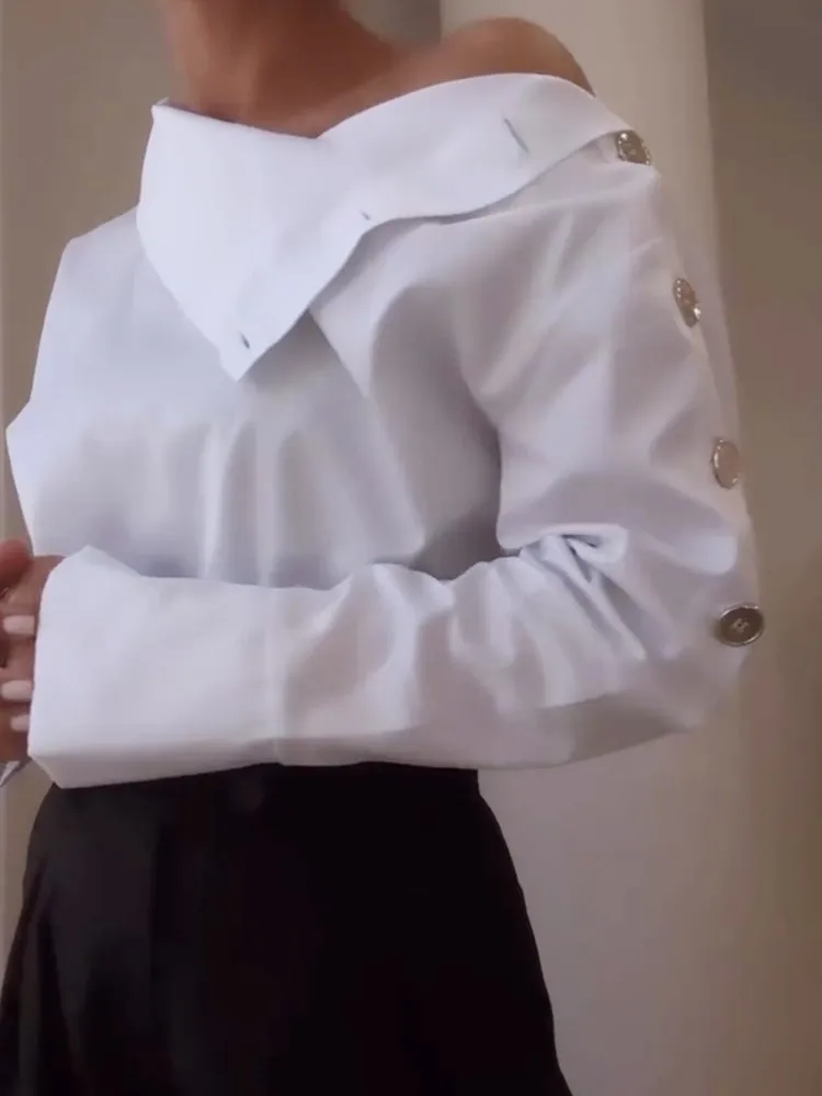 

Fashion Solid Shirt Top Lady Elegant Sexy Long Sleeve Turtleneck Off Shoulder Button Pullover Shirts Tops Women Office Clothes