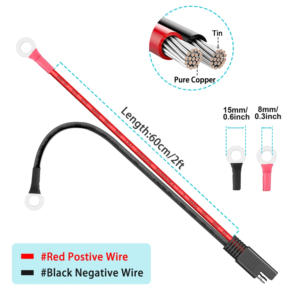 Gadpow 16AWG SAE 2-Pin Quick Disconnect to O-ring Terminal Harness Connector with 15A Fuse for Car Battery Charger Cable