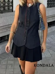 KONDALA Vintage Casual Chic Women Vest Black Solid V-Neck Single Breasted Sleeveless Slim WaistCoats Fashion 2023 Autumn Coats