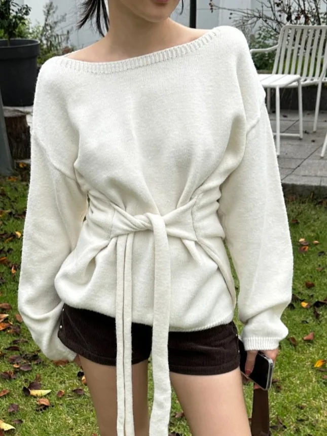 

Chic Knitted Sweater Women's Belted Waist Slim Fit oulder Bared Winter Faion Polyester Fiber Hooded Casual Sle