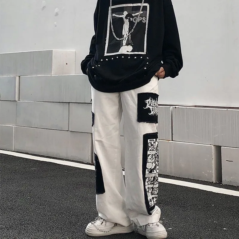 Y2k cartoon patch Loose cargo pants men ins fashion Goth Lazy streetwear Harajuku wide leg trousers Casual Women\'s jogger pants