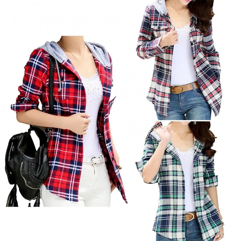 Classic Loose Long Sleeve Women Fashion Plaid Hood Button-up Cotton Shirt Coat