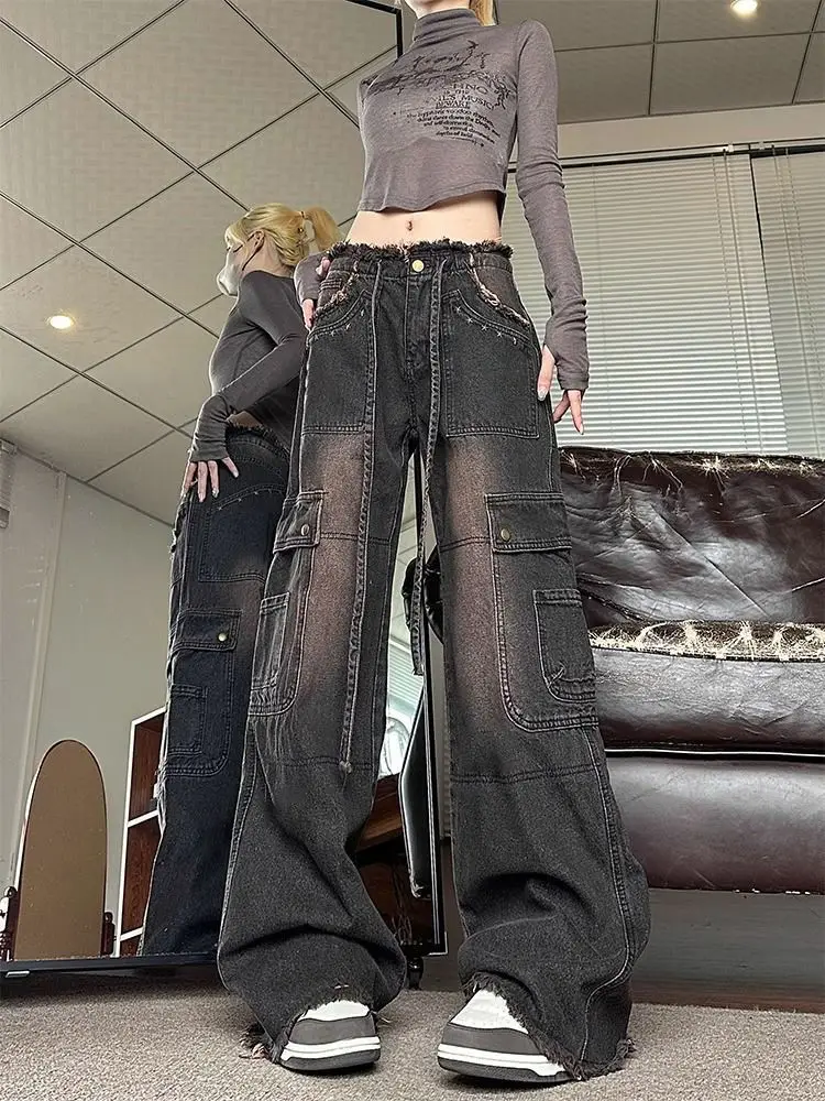 Side Pocket Drawstring Raw Hem Straight Leg Long Cargo Jeans Women Denim Pant Plus Size boyfriend 2024 y2k fairycore 00s grunge