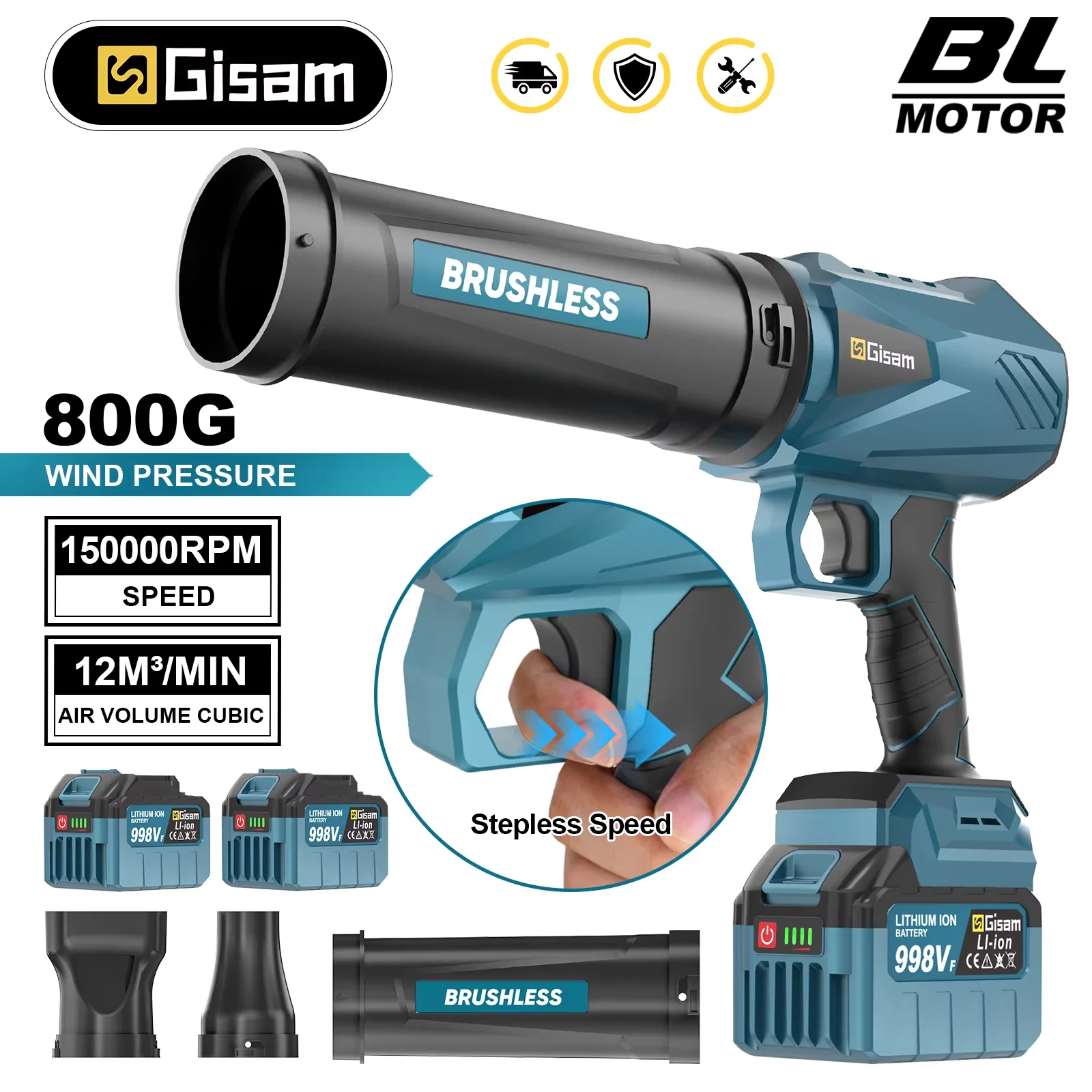 Ventilateur turbo électrique sans fil Gisam, souffleur d'air pour feuilles, ventilateur turbo à jet, outil de soufflage de poussière portatif pour batterie Makita 18V.