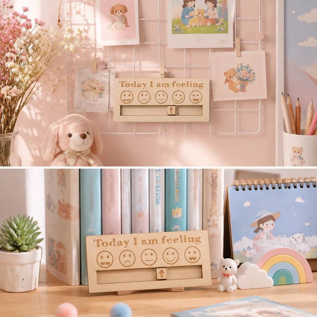 Wooden Emotional Symbol Desktop Decoration Today's Feelings English Word Wall Display Shelf Creative Home Office Decor