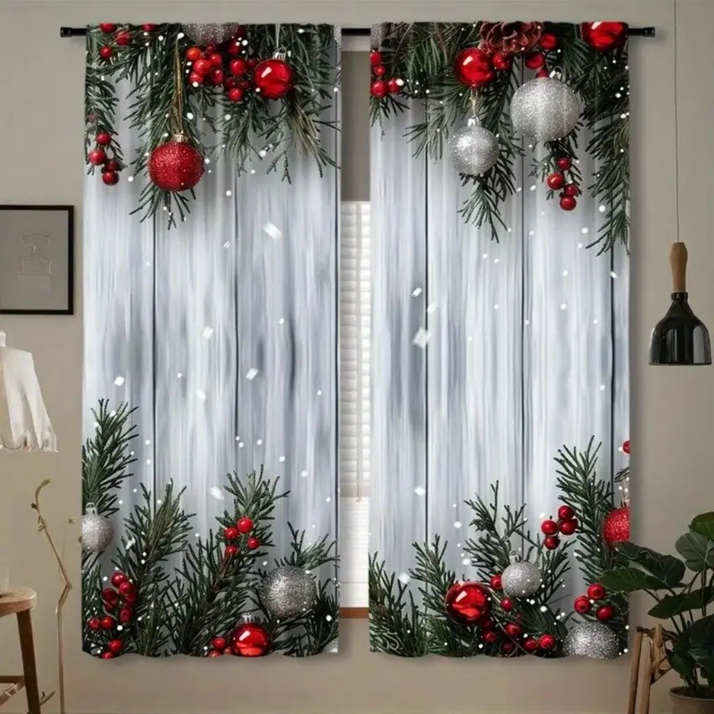 2pc Set Golden Bell Christmas Polyester Doorway Curtains Festive Digital Print, Machine Washable, Holiday Decor for Bedroom