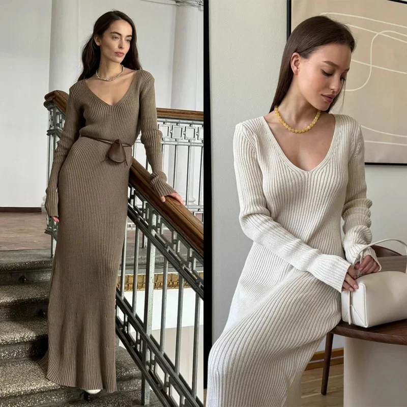 

Winter V Neck Knitted Long Dress For Women Elegant Thick Warm Slim Fit A-line Sweater Outfit Casual Brown Vintage Long Sleeve