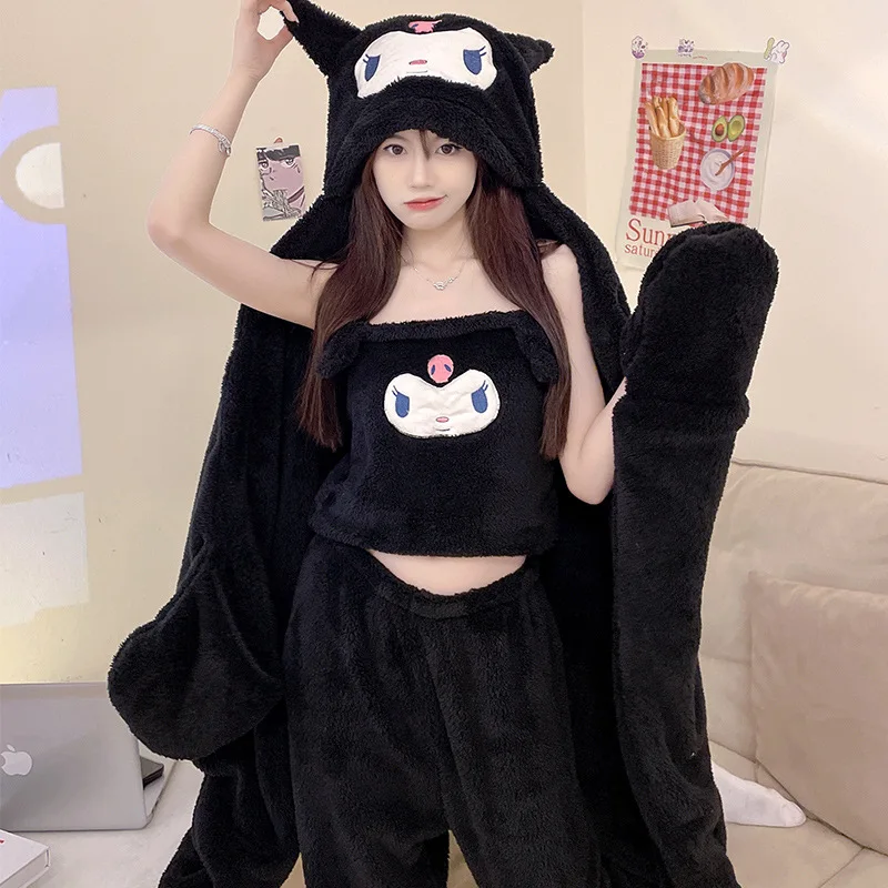 

Anime Kawaii Sanrio Kuromi Y2K Women's Coral Velvet Nightgown Autumn Winter New Flannel Thickened Warm Pajamas Three-Piece Set