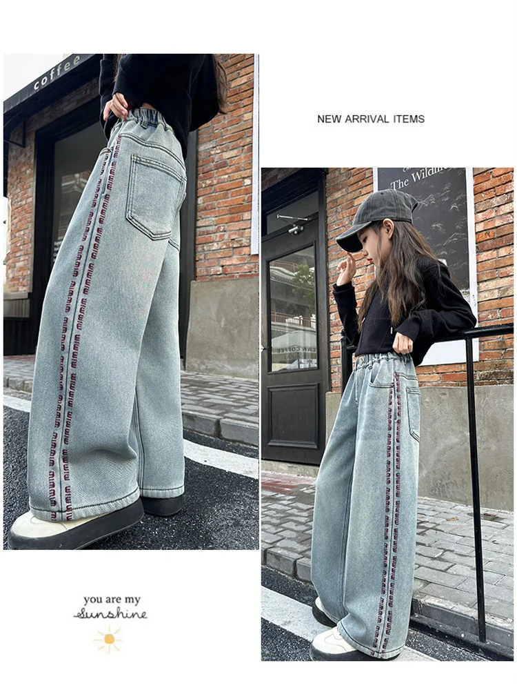 Winter-Thermo-Jeanshosen für Mädchen, lässiger Stil, gerade geschnitten, locker, dick, mit Fleece gefüttert, warme Denim-Hosen für Kinder. – Detail 7