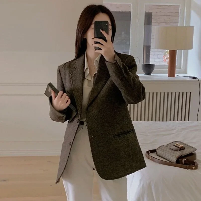 UNXX 2023 Spring Autumn New Style Women\'s Dark Brown Woolen Suit Jacket Fashionable Retro Textured Small