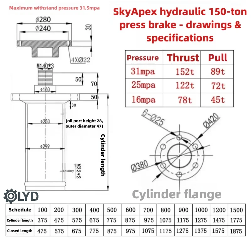 Powerful 150Ton 200Ton Double Acting Hydraulic Cylinder For Packing Press Top Bottom Flange