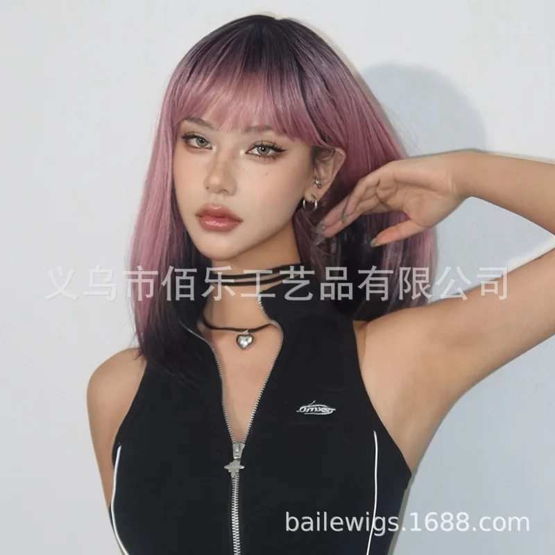 Full wig with bangs, black-pink gradient bobo shoulder-length straight hair, internet celebrity style wig