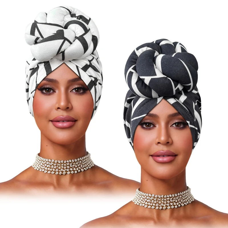 2pcs  Pre-made Knotted Hair Turban Ttightly Wrapped Headscarf European American Exaggerated Braided Flower Hair Bun Cap