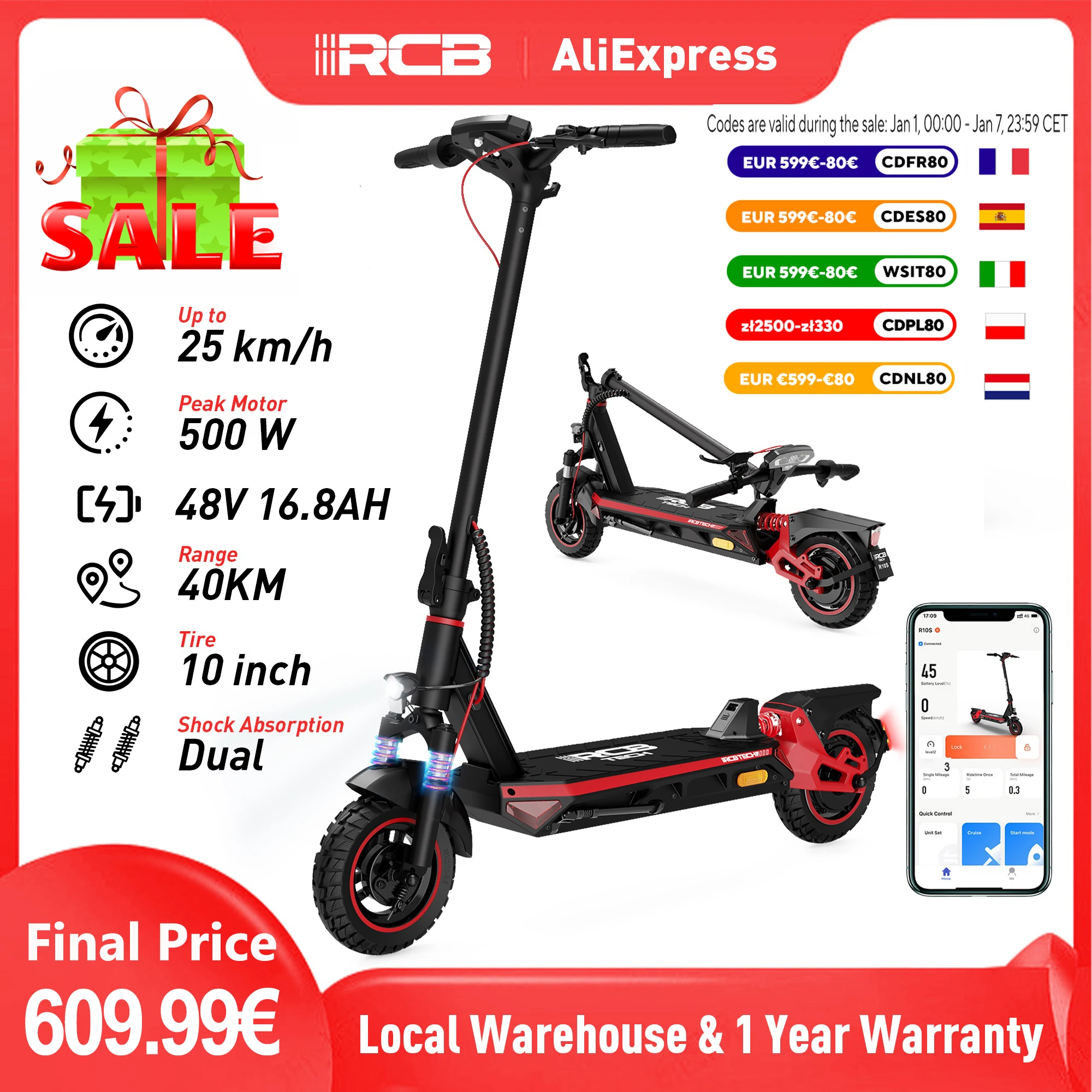 RCB R10S Electric Scooter, 48V 16.8Ah Battery, Dual Braking, 10