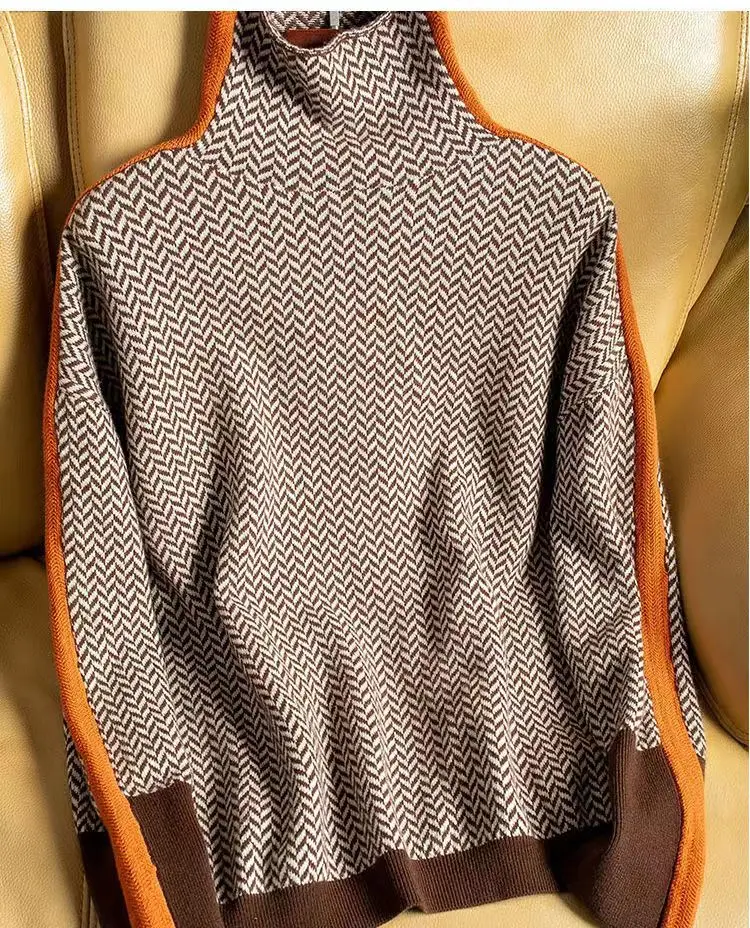 Autumn and Winter 2022 Shirt Sweater Woman Geometric Knitting Turtleneck Jumping Full Match Long Fashion Loose Casual Women Top