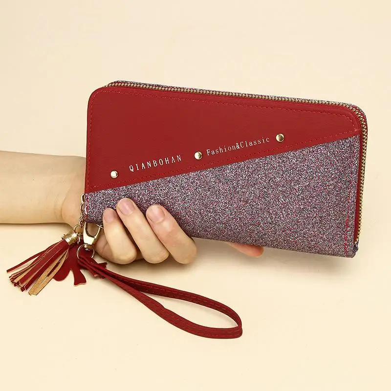 Women's PU Leather Long Sequins Wallet Shiny Glitter Patchwork Anti Scratch Coin Purse for Dating Shopping