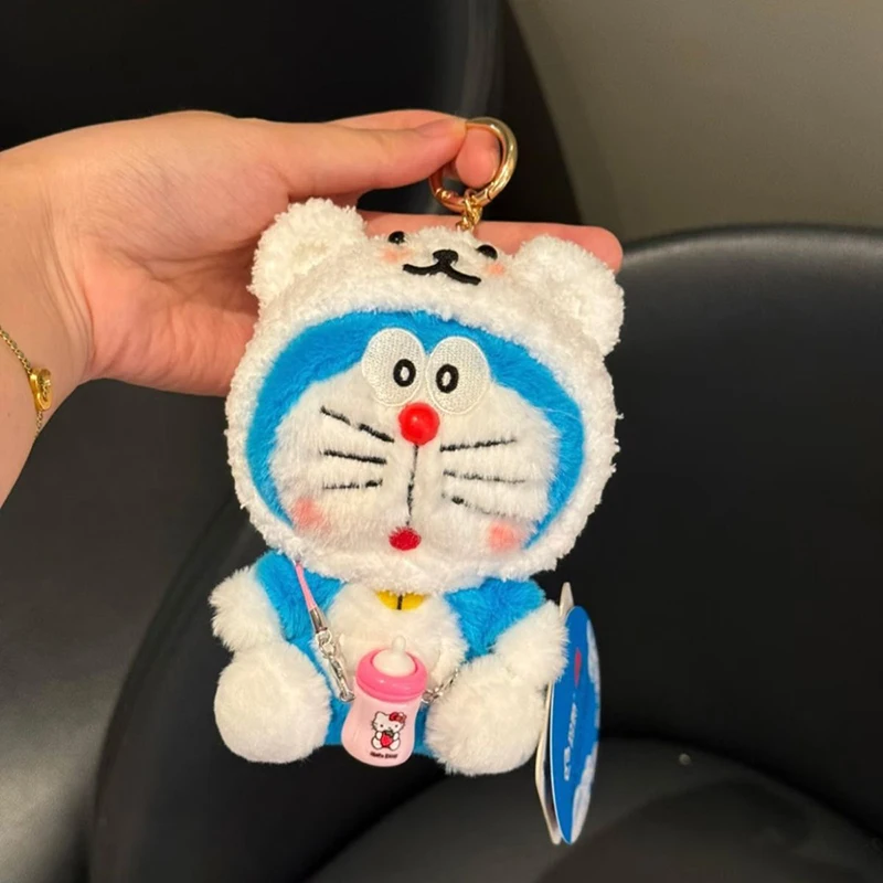 Kawaii Doraemon Plüsch-Schlüsselanhänger mit Kopfhörer-Mütze Cartoon-Katze Stofftier Niedlicher Taschenanhänger Weiches Anime-Plüschtier Geschenk für Fans – Detail 3