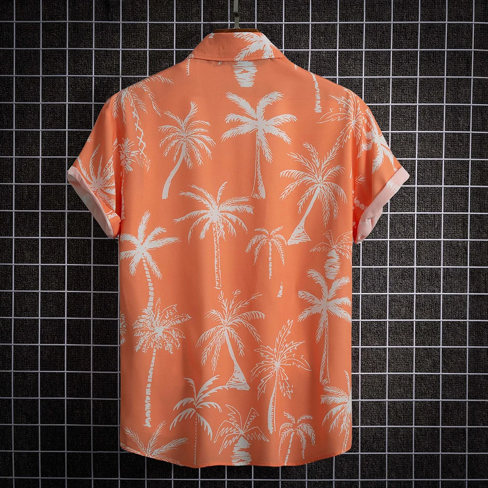 Men\'s Hawaiian Shirt Lapel Button Fashion Printing Short Sleeve Flower Shirt Retro Hong Kong Summer Holiday Beach Shirt Orange