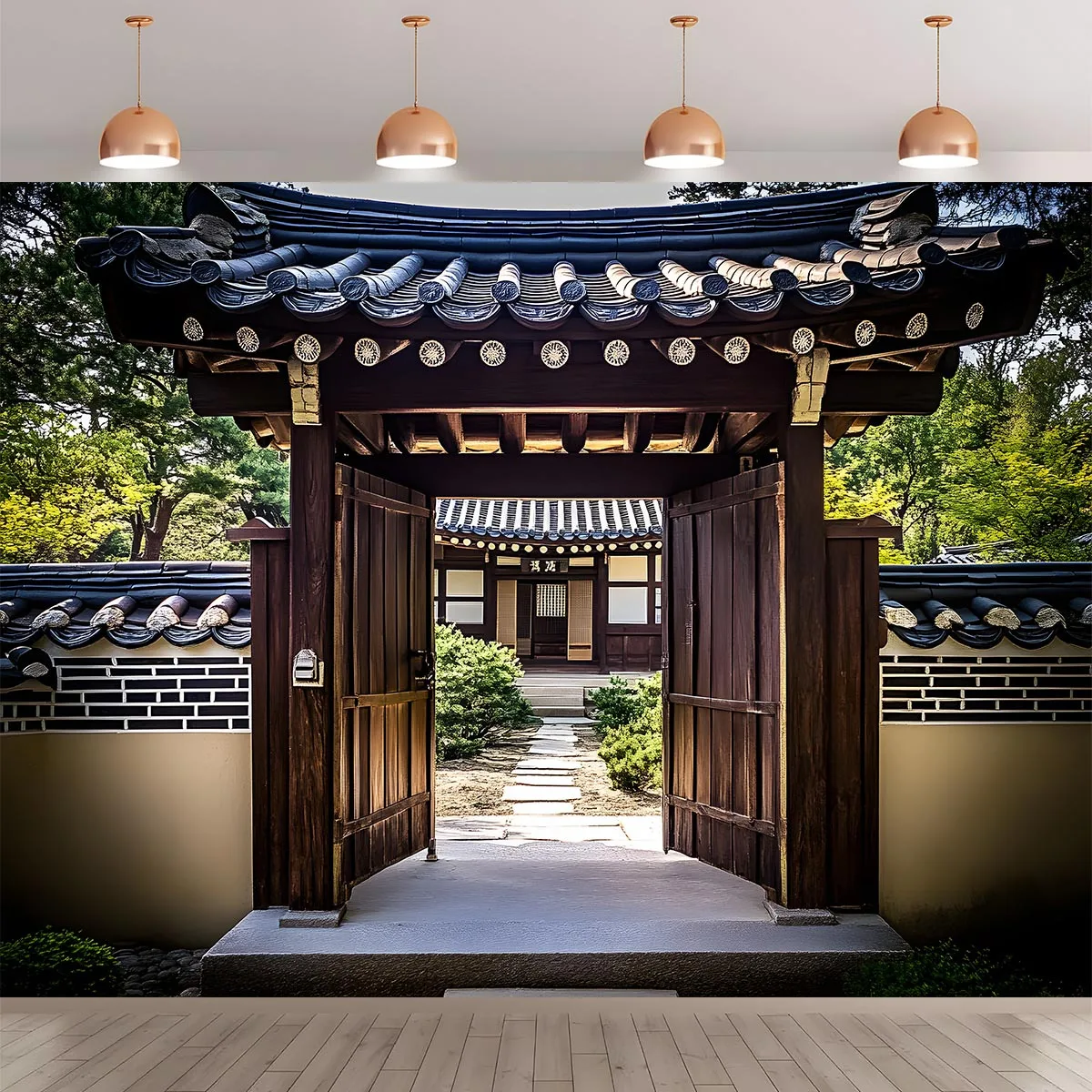 1 Korean traditional garden background banner - Polyester material Confucian village tile roof scene - Durable wall decoration
