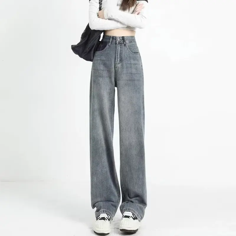 Spodnie damskie Wysoka talia Szeroka nogawka Casual Straight Jeans Baggy Wide Leg Jeans Straight Leg Dragging Loose Simple Casual Baggy Fashi