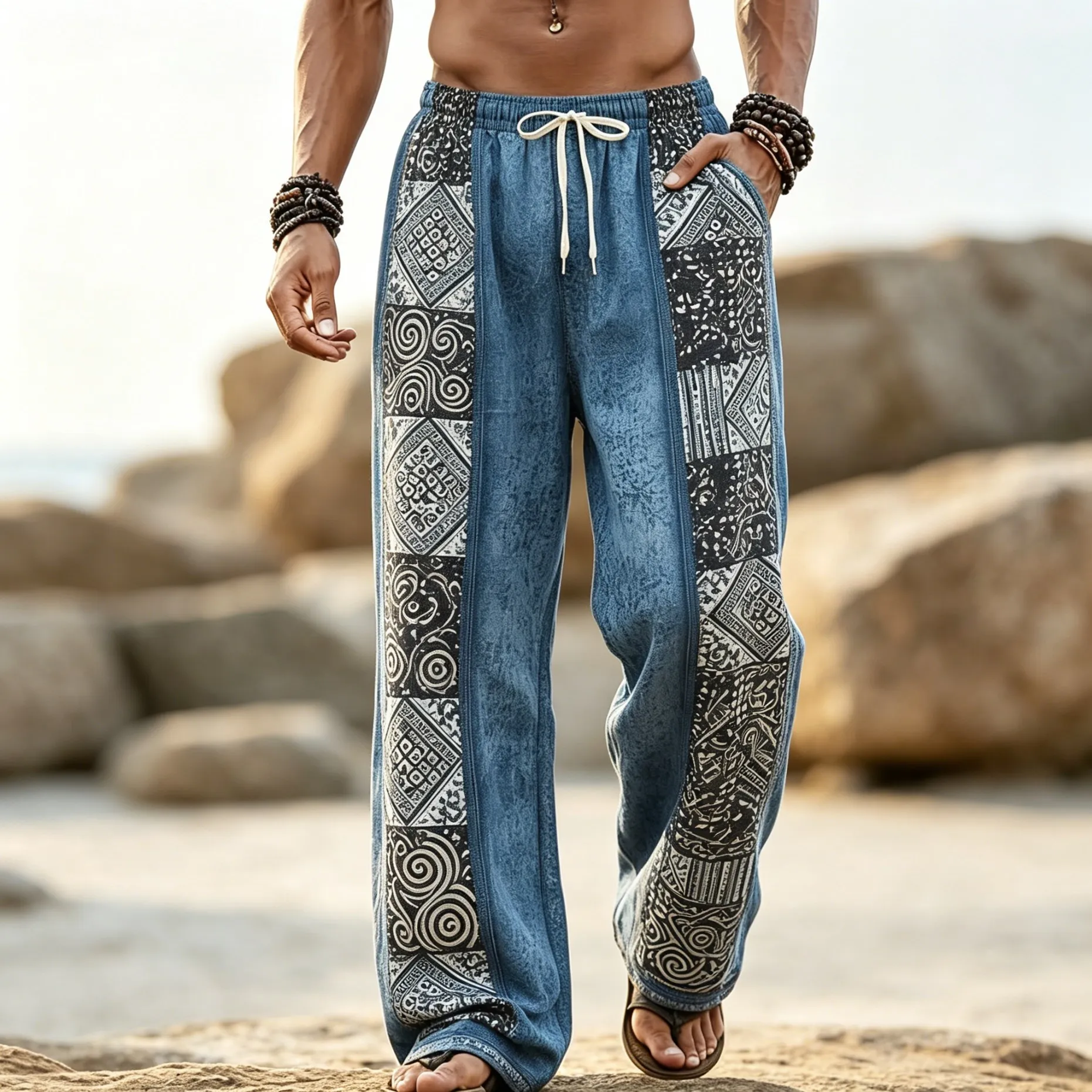 Herrenhose im Boho-Stil mit Tribal-Geo-Patchwork-Print und Kordelzug, lässige, lockere Hose für Frühling, Sommer, Strand und Alltag. – Detail 4