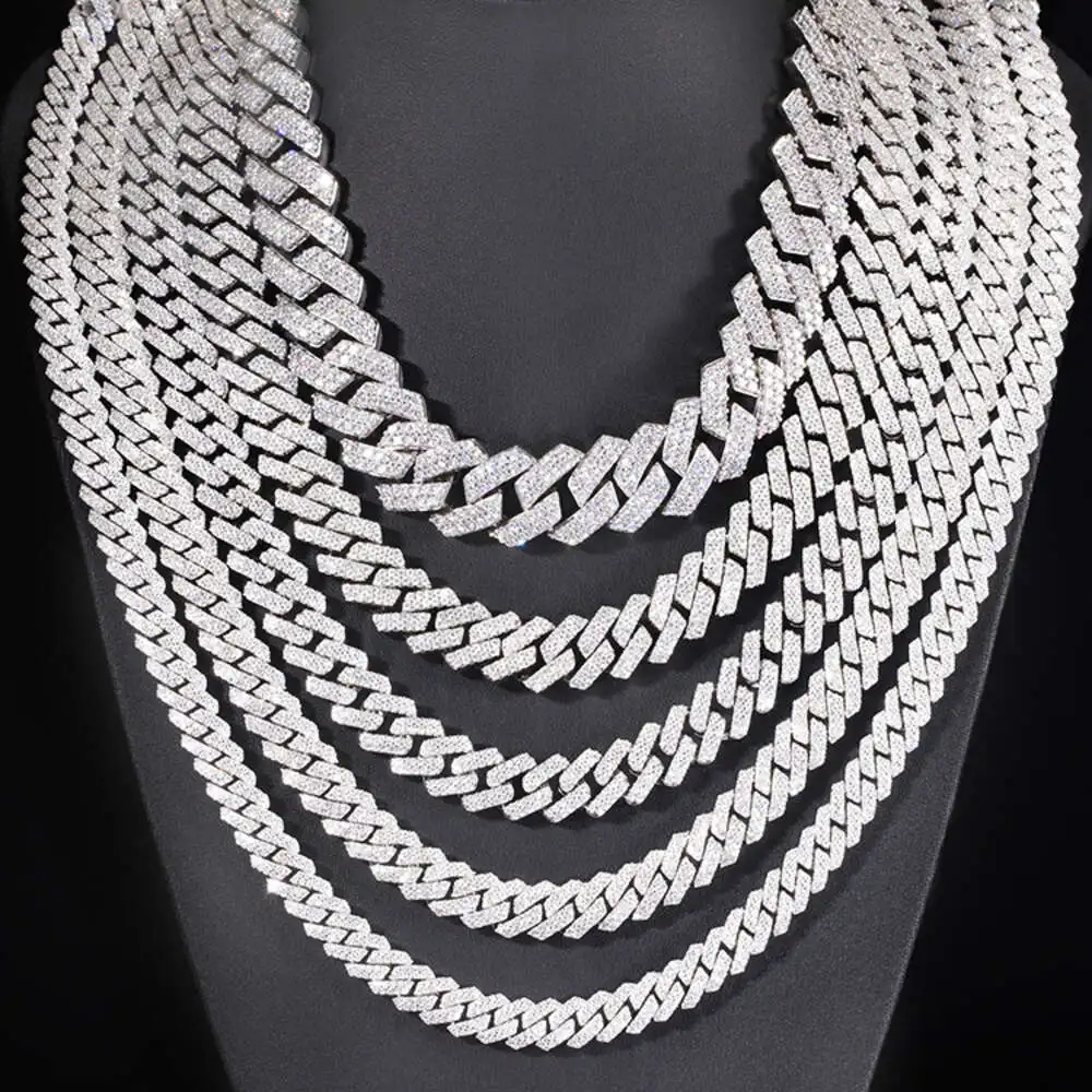 Custom 13mm 15mm 20mm Wide 2 Rows Cuban Chain d Color Vvs Moissanite Diamond S925 Silver Jewelry Hip Hop Necklace