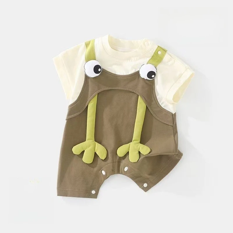 Unisex Infant Summer Fake Two-Piece Romper Cute 3D Frog Design Onesie for Boys & Girls Breathable Short-Sleeve Outdoor Jumpsuit