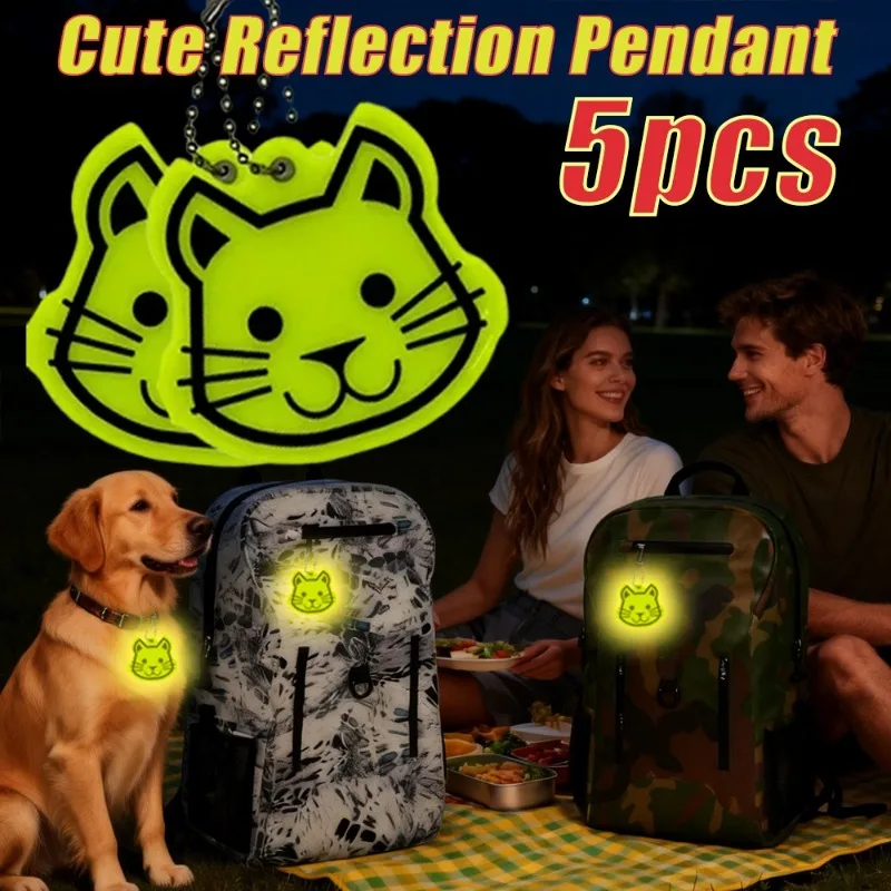 5 Pieces of Fluorescent Green Cat-shaped Reflective Pendants Made of PVC Material, Double-sided Reflective Key Chains
