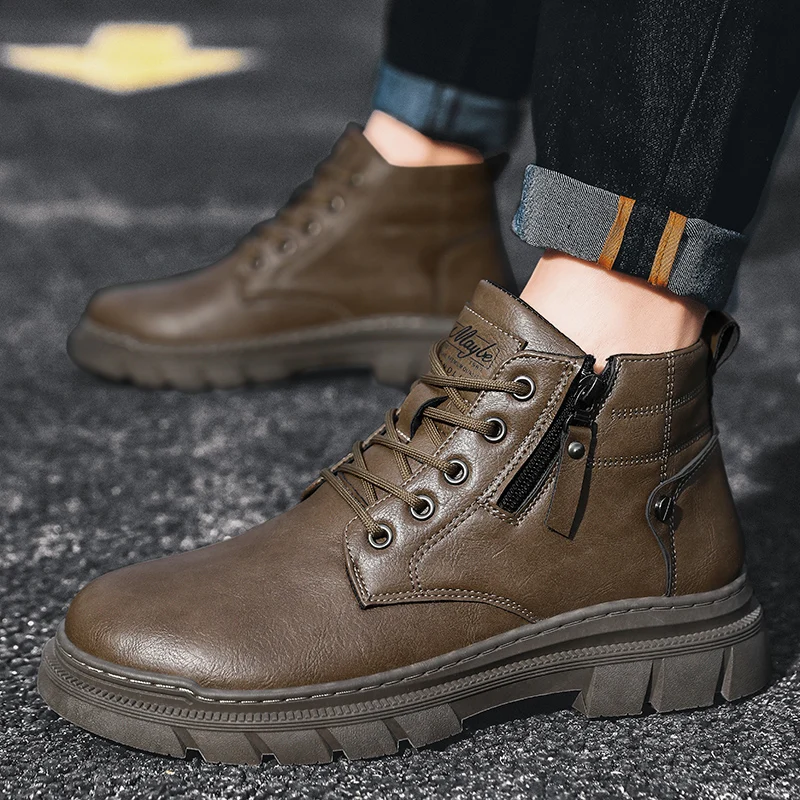 Men Retro Work Ankle Boots Autumn Winter Thick Bottom High Top Casual Boots Leather Boots Chelsea Desert Waterproof Boots Male