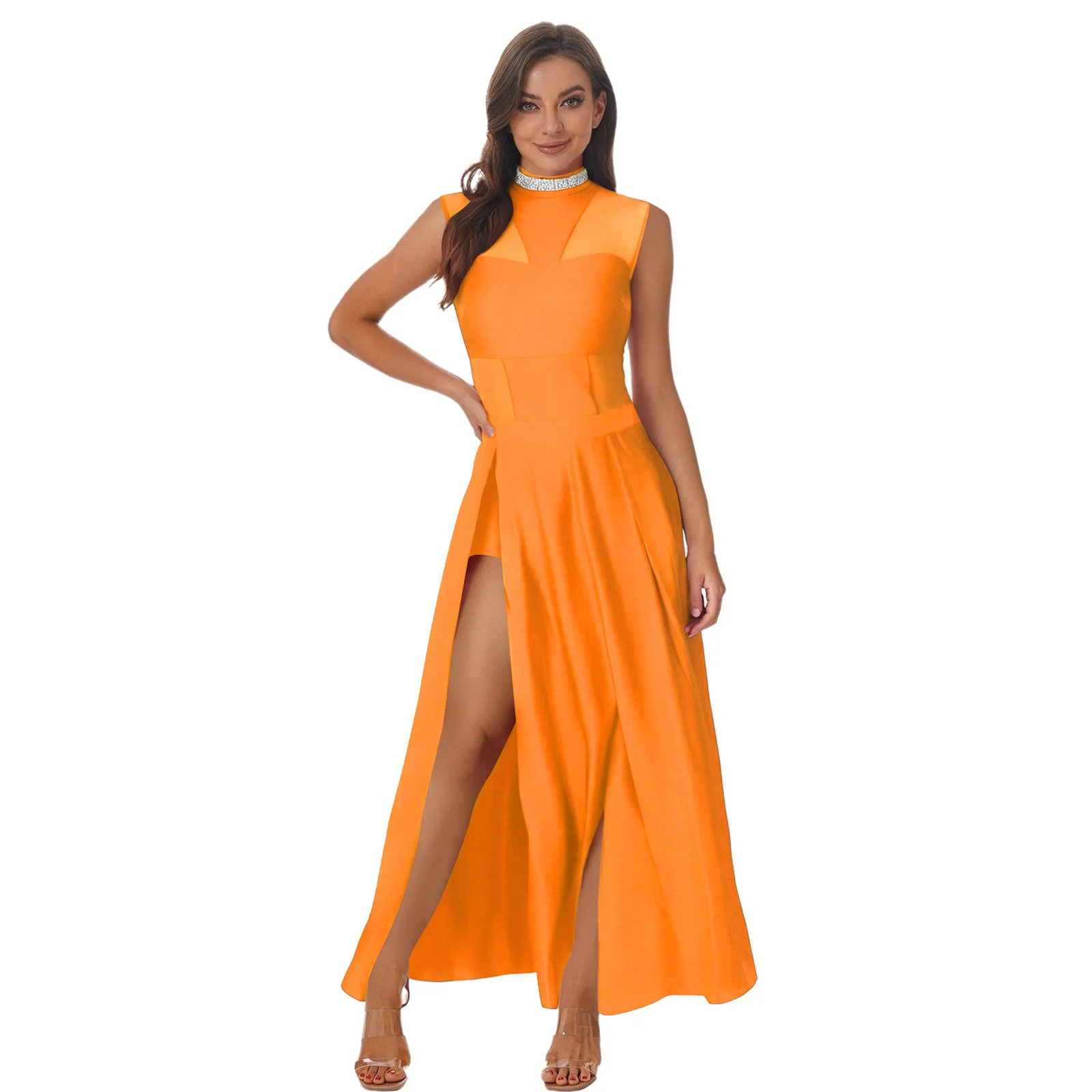 

‌Sparkling Patchwork Dance Costume Set for Womens Lyrical Dance Performances Glamorous Collar Bodysuit with High-Slit Skirt