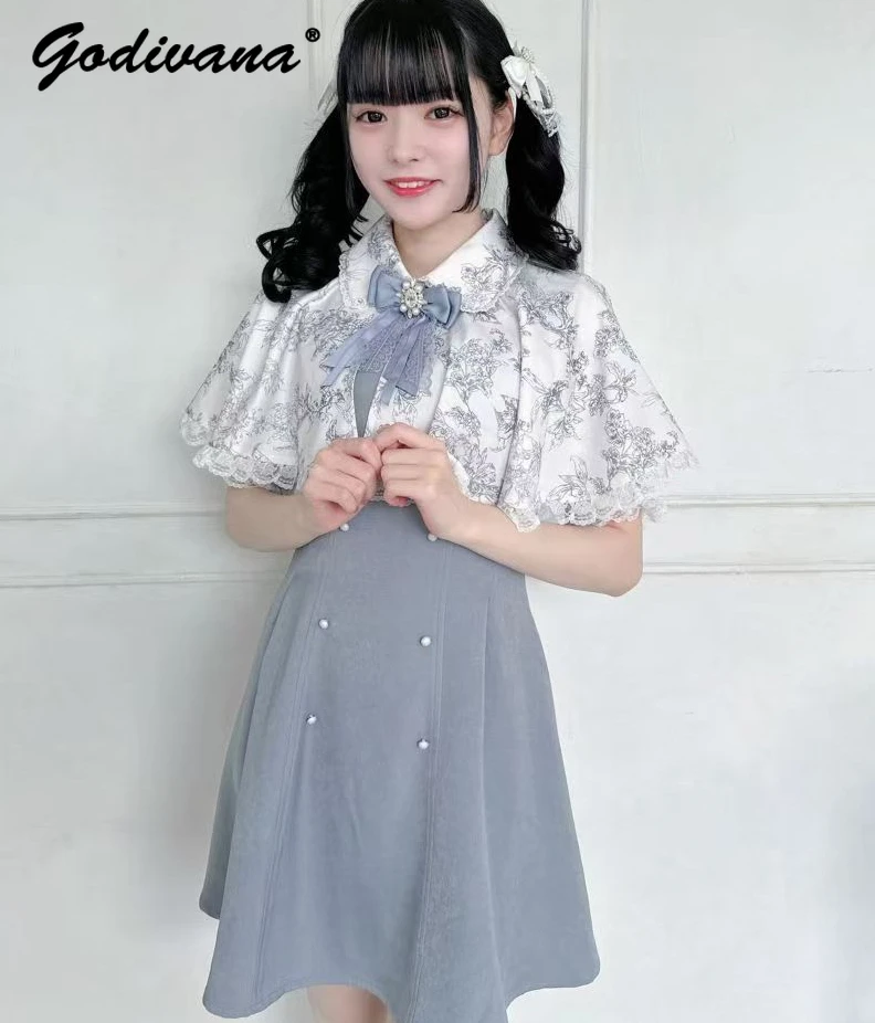 Japanese Style 2024 New Summer Printed Removable Shawl Short Sleeve Dresslolita Mine Mass-Produced Rojita Bow Lace Cloak Dress