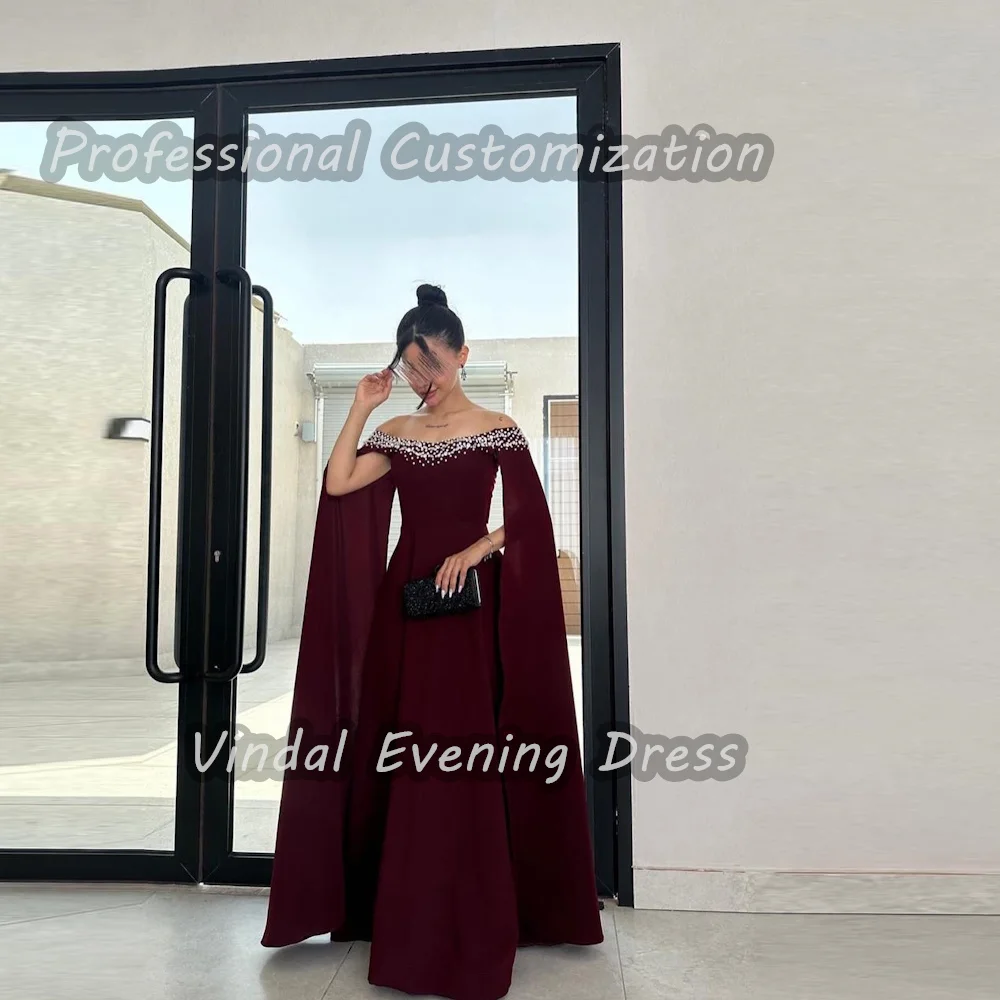 Vindal Off-the-shoulder Floor length Beaded Straight luxurious Breast padding Crepe Elegant  Short Sleeves السعود For Woman 2024