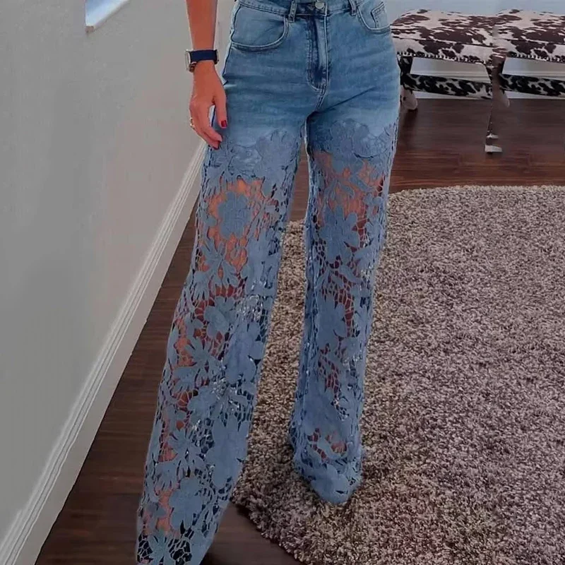 

High Waist Wide Leg Jeans Pants Summer Fashionable Lace Splicing Hollow Out Denim Draping Jeans Ladies Cotton Zipper Spring