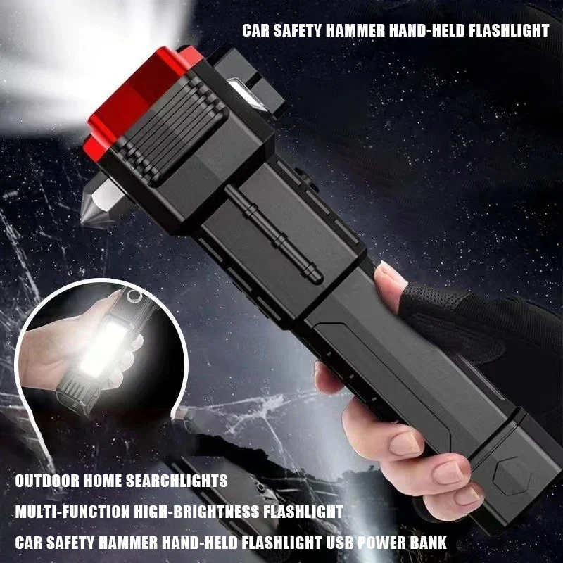 Car safety hammer handheld flashlight usb power bank outdoor household searchlight multi-function high brightness flashlight