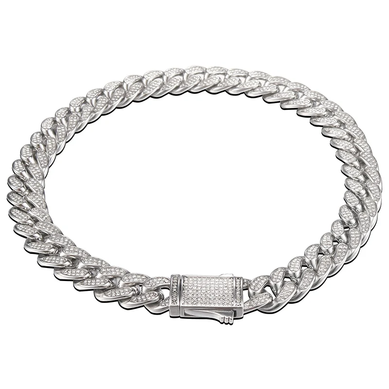16mm wide Stainless Steel Bling Iced Out Round Cuban Miami Link Chain Necklaces for Men Hip Hop Rapper Jewelry Never Fade