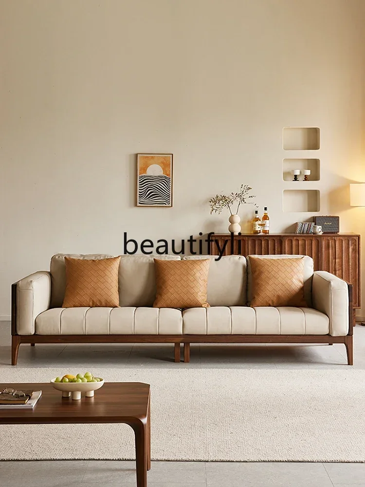 007 North American black walnut sofa Nordic solid wood living room four-person leather straight-row sofa